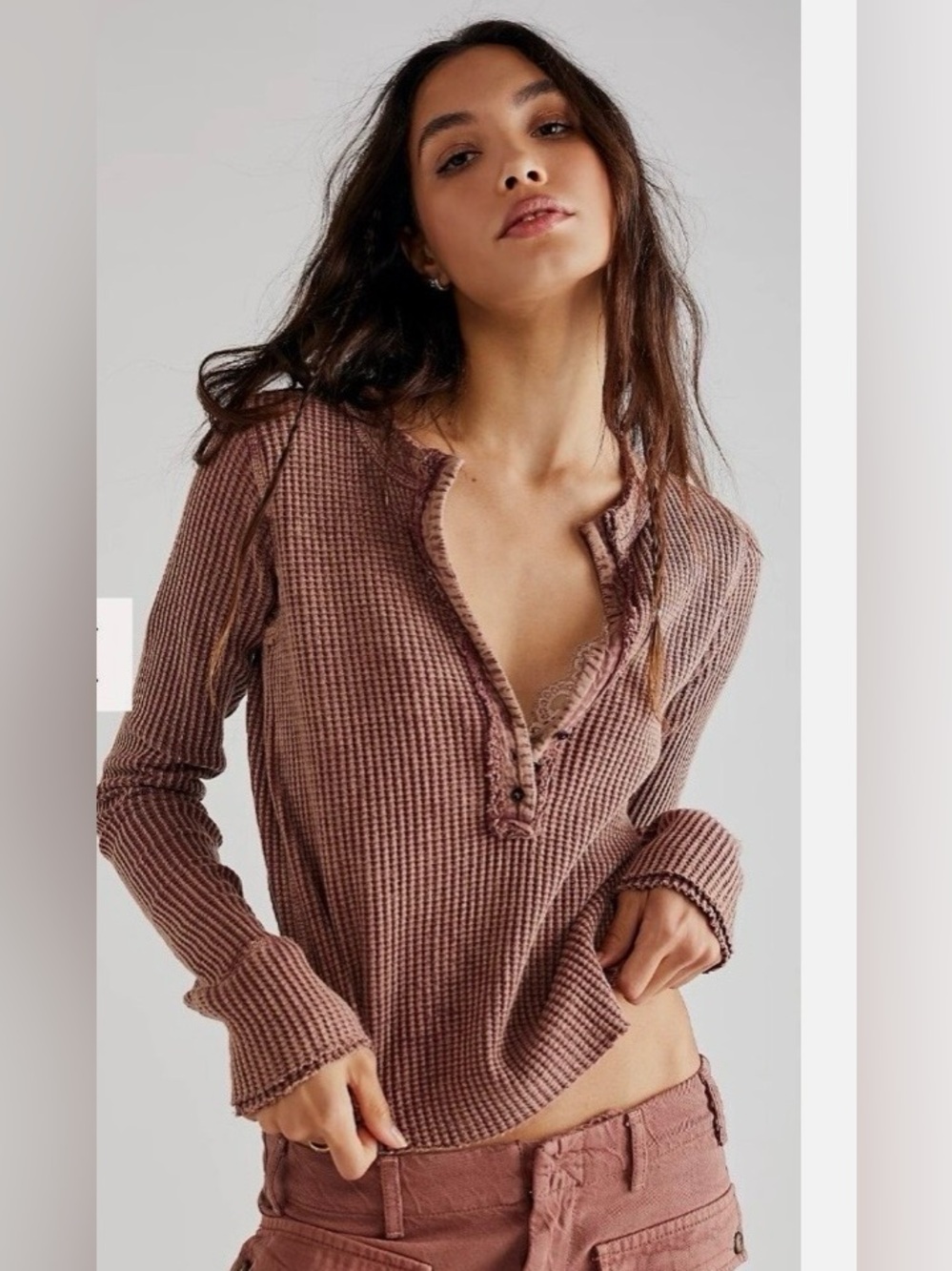 Free People FP One Colt Thermal Long Sleeve Venetian Red Henley Shirt Small